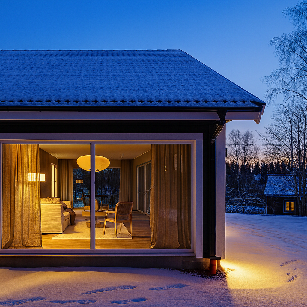 En närbild på ett mörkbrunt hus med ett stort fönsterparti som vetter mot ett snöigt landskap i skymningen. Innanför fönstret syns ett vardagsrum med en soffa, en fåtölj och varma golvlampor. Detta är även Gren & Ros Bygg och Entreprenads egna husmodell Valkyria.