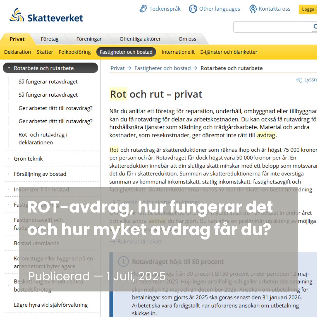 Skärmdump på skatteverkets webbsida om ROT-avdrag – information relevant för renovering & byggprojekt.