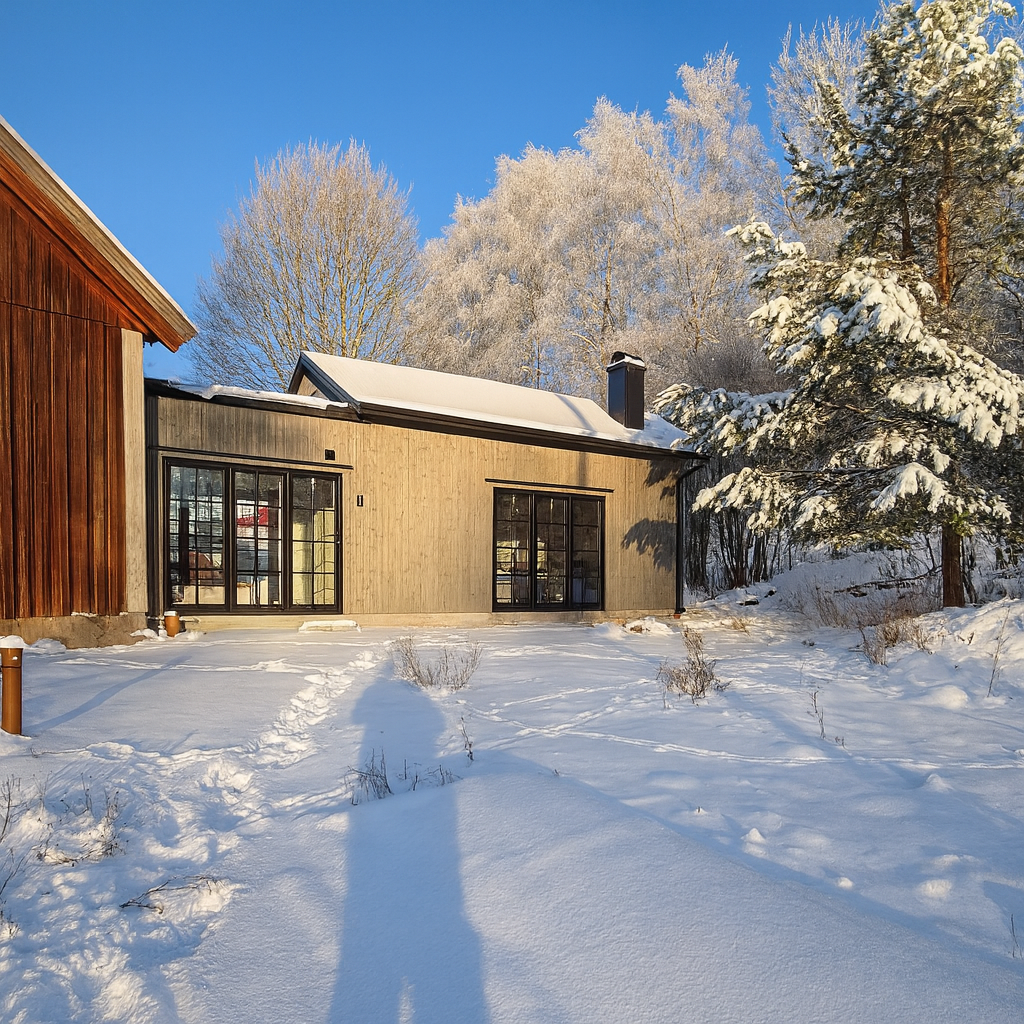 En modern, gråbrun utbyggnad med stora svarta glasdörrar i ett soligt vinterlandskap. Snön ligger djup på marken och träden i bakgrunden är täckta av rimfrost. Skuggan av en person som fotograferar syns i snön.