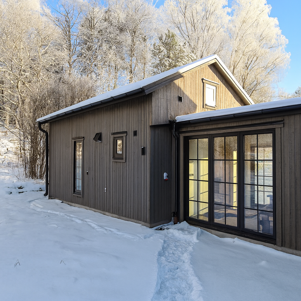 En modern utbyggnad med gråbrun, stående träpanel och stora svarta glaspartier i ett snötäckt vinterlandskap. En upptrampad stig i snön leder fram till huset, och i bakgrunden syns frostiga träd mot en klarblå himmel.