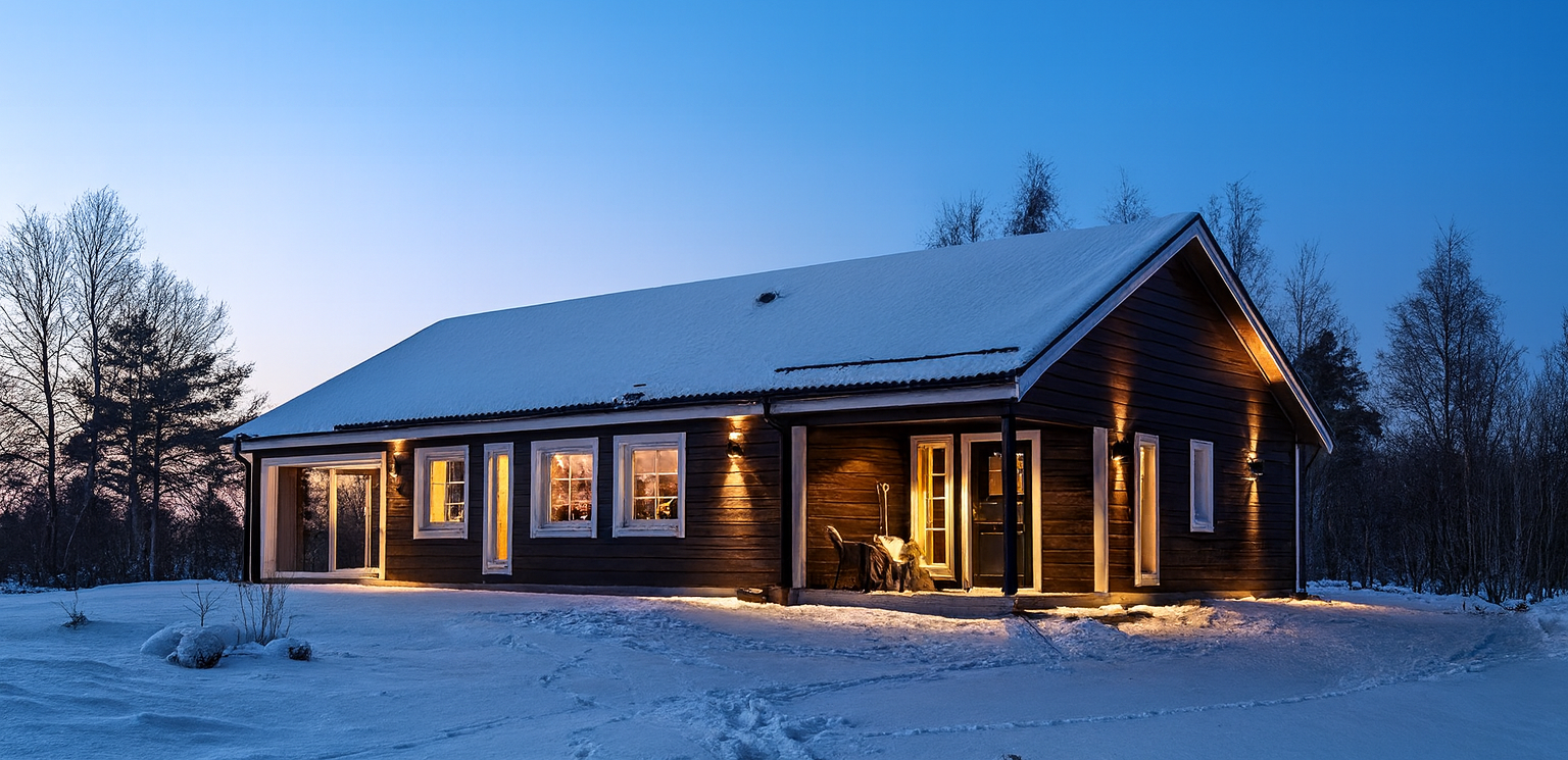 Ett mörkbrunt enplanshus i ett snöigt landskap under den blå timmen. Huset är upplyst av fasadbelysning som skapar ett varmt sken på verandan och längs väggarna. Detta är även Gren & Ros Bygg och Entreprenads egna husmodell Valkyria.
