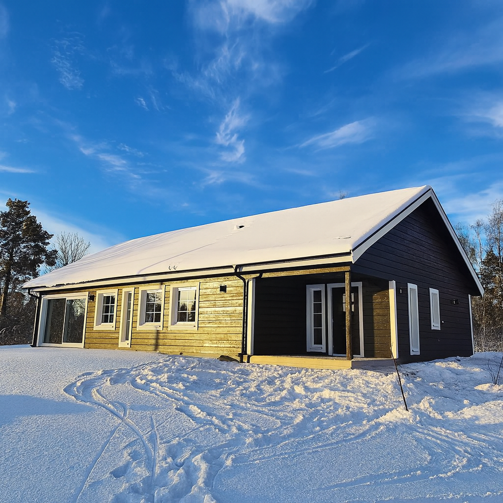 Ett mörkbrunt enplanshus med vita fönsterkarmar och snötäckt tak, fotograferat en solig vinterdag. Spår i snön leder runt huset som har en veranda vid entrén och stora fönsterpartier. Detta är även Gren & Ros Bygg och Entreprenads egna husmodell Valkyria.