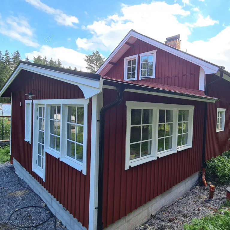 A red wooden house with white trim and multiple white-framed windows, featuring a new extension. The house is surrounded by lush greenery and trees under a partly cloudy sky, showcasing a well-maintained property with recent additions.