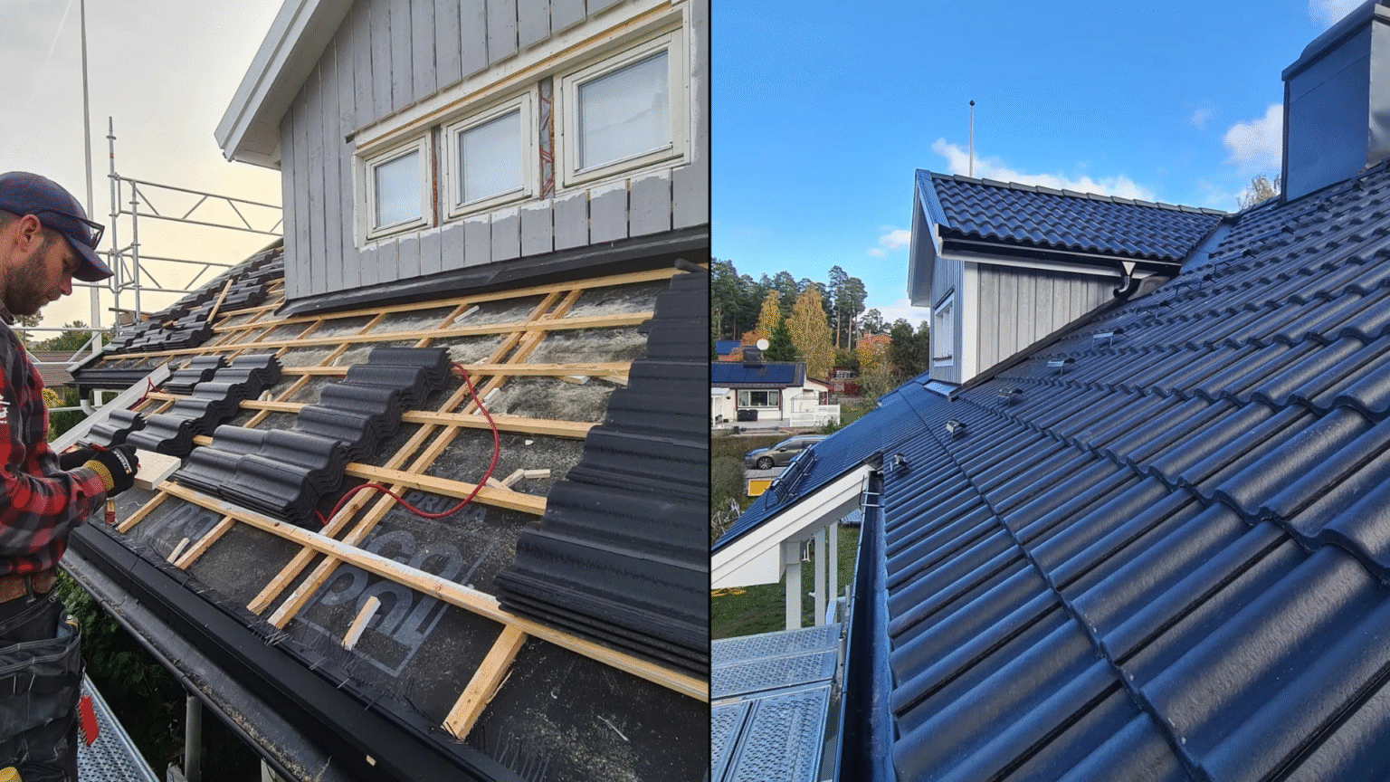 A split image showing roof renovation. On the left, a worker installs dark roof tiles on a wooden frame. On the right, the completed dark tiled roof with a dormer window is visible against a blue sky, showcasing a before-and-after of roof replacement.