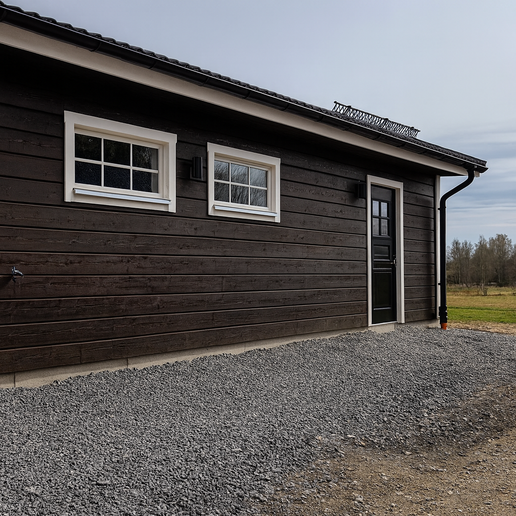 A dark brown wooden building with white-framed windows and a black door, set on a gravel driveway. The building features a dark roof and white trim, depicting a modern shed or garage structure.