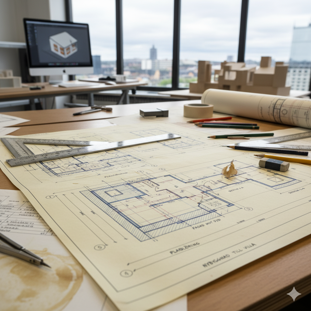 Architect's desk with detailed blueprints, drawing instruments, and a computer displaying a 3D house model, overlooking a modern city skyline. This image represents architectural design, home planning, and construction project development.