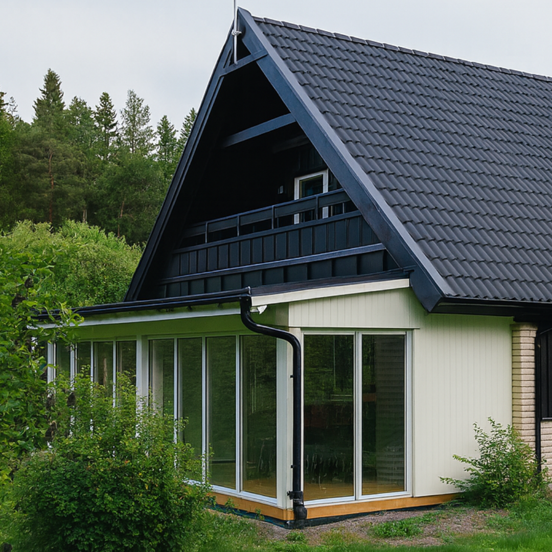 A modern house with a steep, dark tiled roof and a light-colored facade, featuring a glass-enclosed sunroom or conservatory extension on the side. The house is surrounded by lush green bushes and trees, highlighting contemporary home design and integrated outdoor living areas.