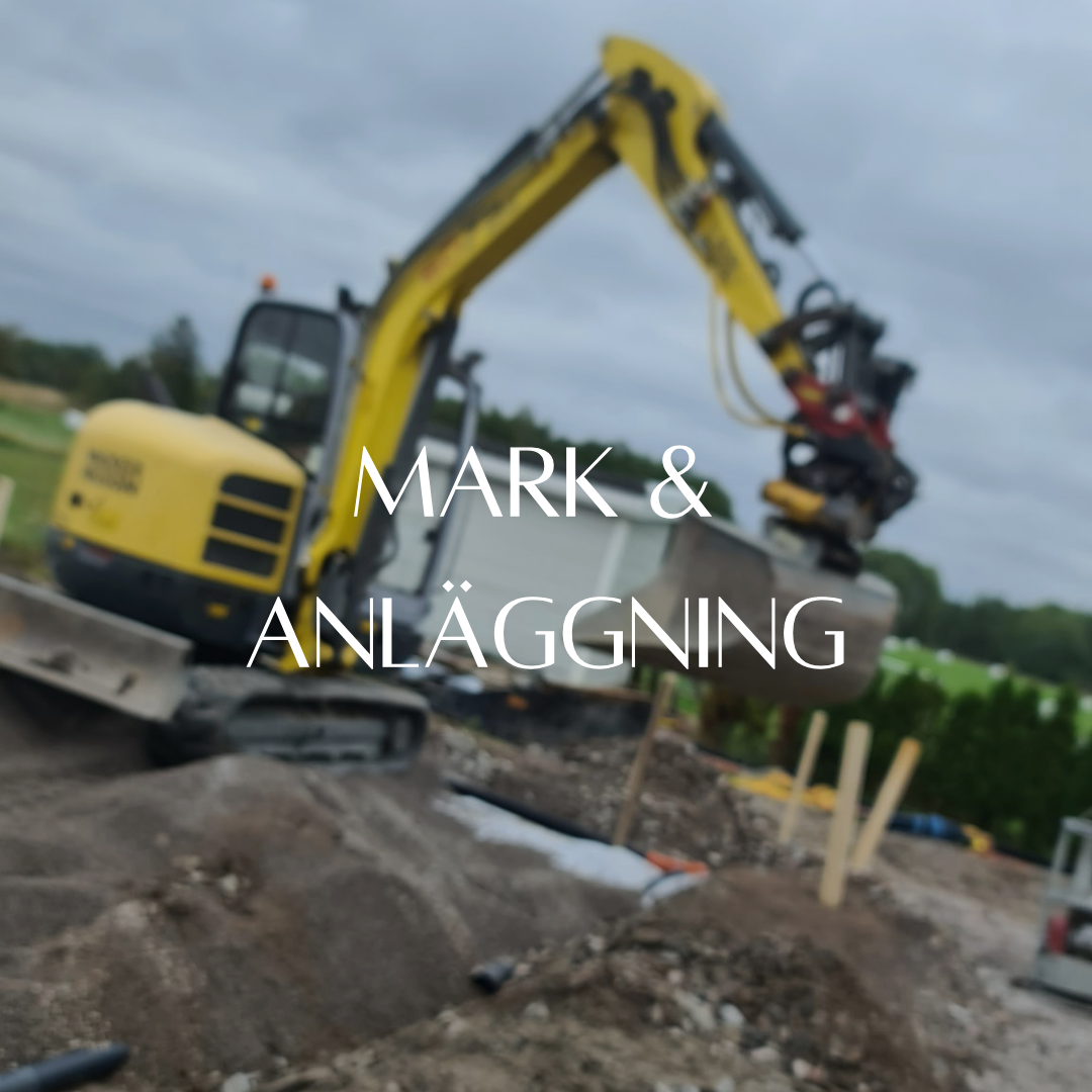 A yellow excavator digging into a pile of dirt at a construction site, with trees in the background. The text "MARK & ANLÄGGNING" (Groundwork & Landscaping) is overlaid, emphasizing earthwork and site preparation services.