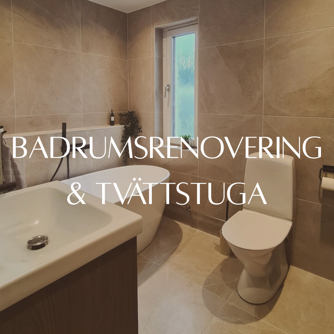 A modern bathroom with light beige tiled walls and floor, featuring a white freestanding bathtub, a toilet, and a vanity with a sink. The text "BADRUMSRENOVERING & TVÄTTSTUGA" (Bathroom Renovation & Laundry Room) is overlaid, indicating renovation services.