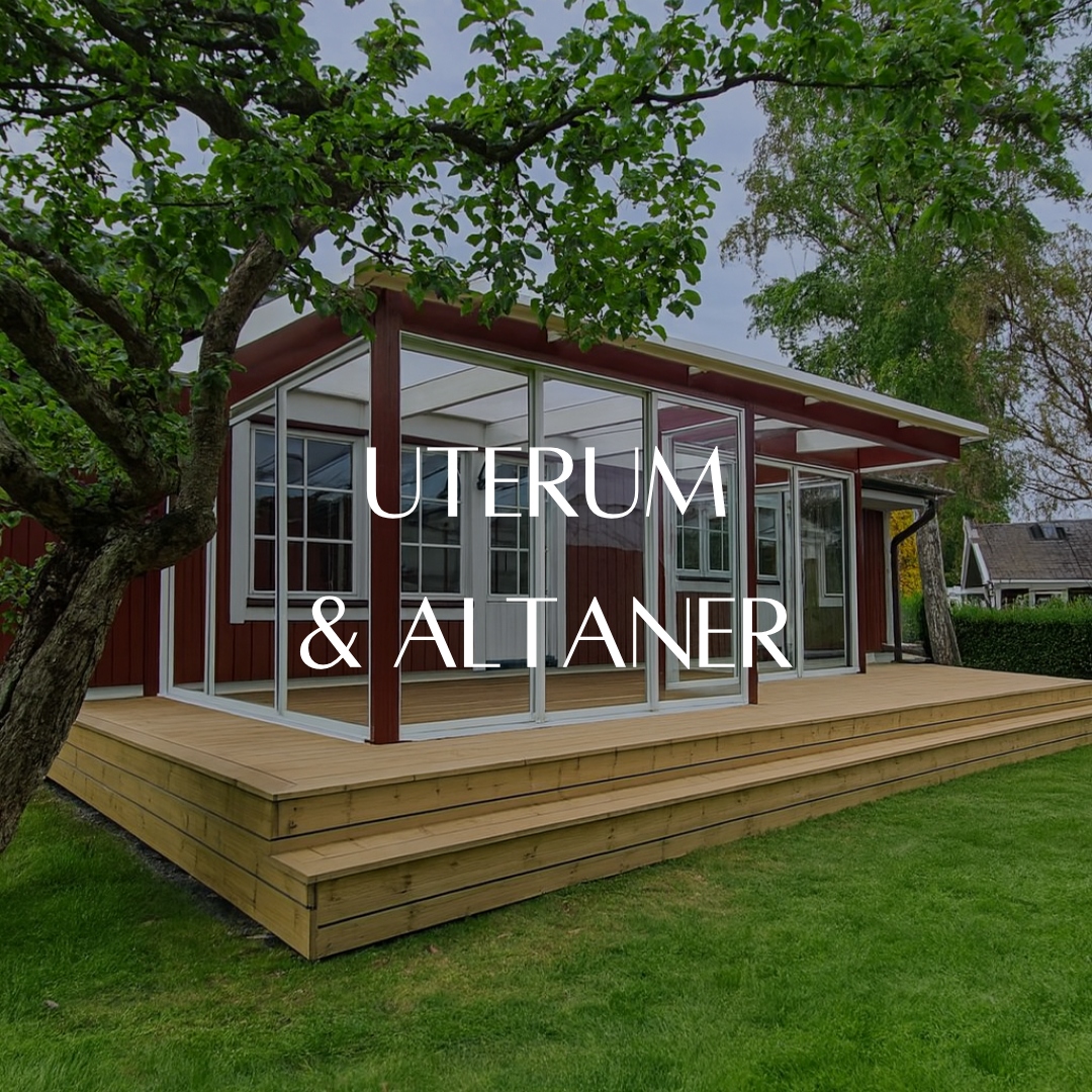 A red wooden house with a newly constructed, multi-tiered wooden deck and an attached glass conservatory with white frames. The text "UTERUM & ALTANER" (Conservatories & Decks) is overlaid on the image, highlighting outdoor living solutions.