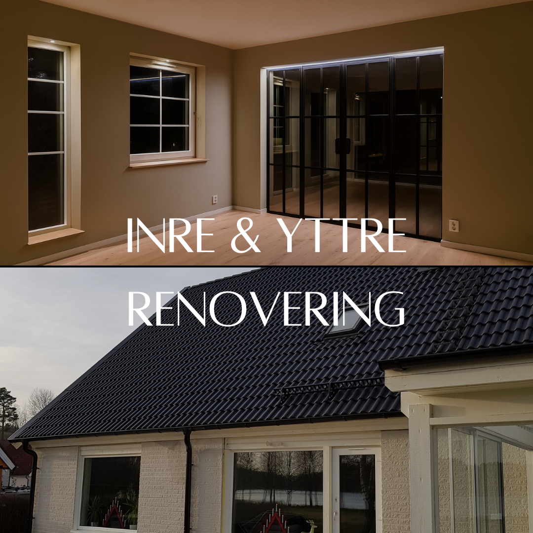 A split image showcasing renovation services. The top half displays a modern interior with light walls, wooden floors, and a black-framed glass partition. The bottom half shows the exterior of a house with a dark tiled roof and light brick walls. The overlaid text reads "INRE & YTTRE RENOVERING" (Interior & Exterior Renovation), representing comprehensive home renovation projects.