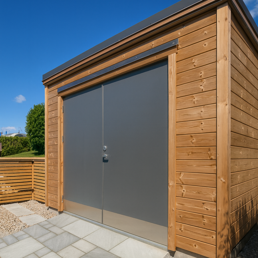 A modern wooden shed or storage unit with horizontal plank siding and large gray double doors. The structure is set on a paved area with gravel, against a clear blue sky, showcasing a functional and aesthetically pleasing outdoor storage solution.