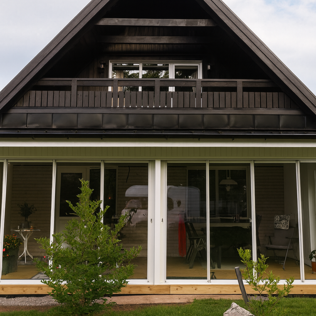 The exterior of a contemporary house with a dark gabled roof and a light-colored facade, featuring a glass-enclosed veranda or sunroom on the ground floor. A small balcony is visible on the upper level, and green shrubs are in the foreground, showcasing modern home architecture and extensions.