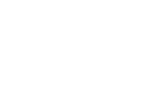 En pixlad, vit logotyp som föreställer två korsade hammare över en banderoll som det står Gren & Ros på.