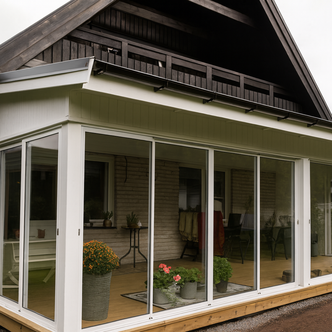 A glass-enclosed sunroom or conservatory with white frames, extending from a house with a dark gabled roof and light-colored brick walls. Potted plants and interior furniture are visible through the glass, highlighting a bright and inviting indoor-outdoor living area.
