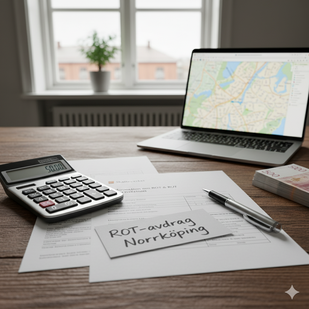 A calculator displaying '50.00', a pen, and documents related to 'ROT-avdrag Norrköping' (Swedish tax deduction for household services) on a wooden desk. A laptop showing a map is in the background, symbolizing financial planning, tax services, and local property management.