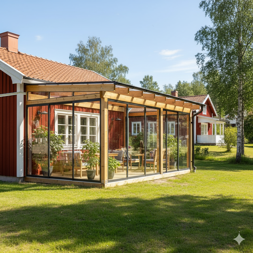 A charming red Swedish house with a newly built glass conservatory or sunroom, featuring a wooden frame and clear glass panels. The lush green lawn and trees suggest a serene outdoor living space, perfect for home extensions and garden rooms