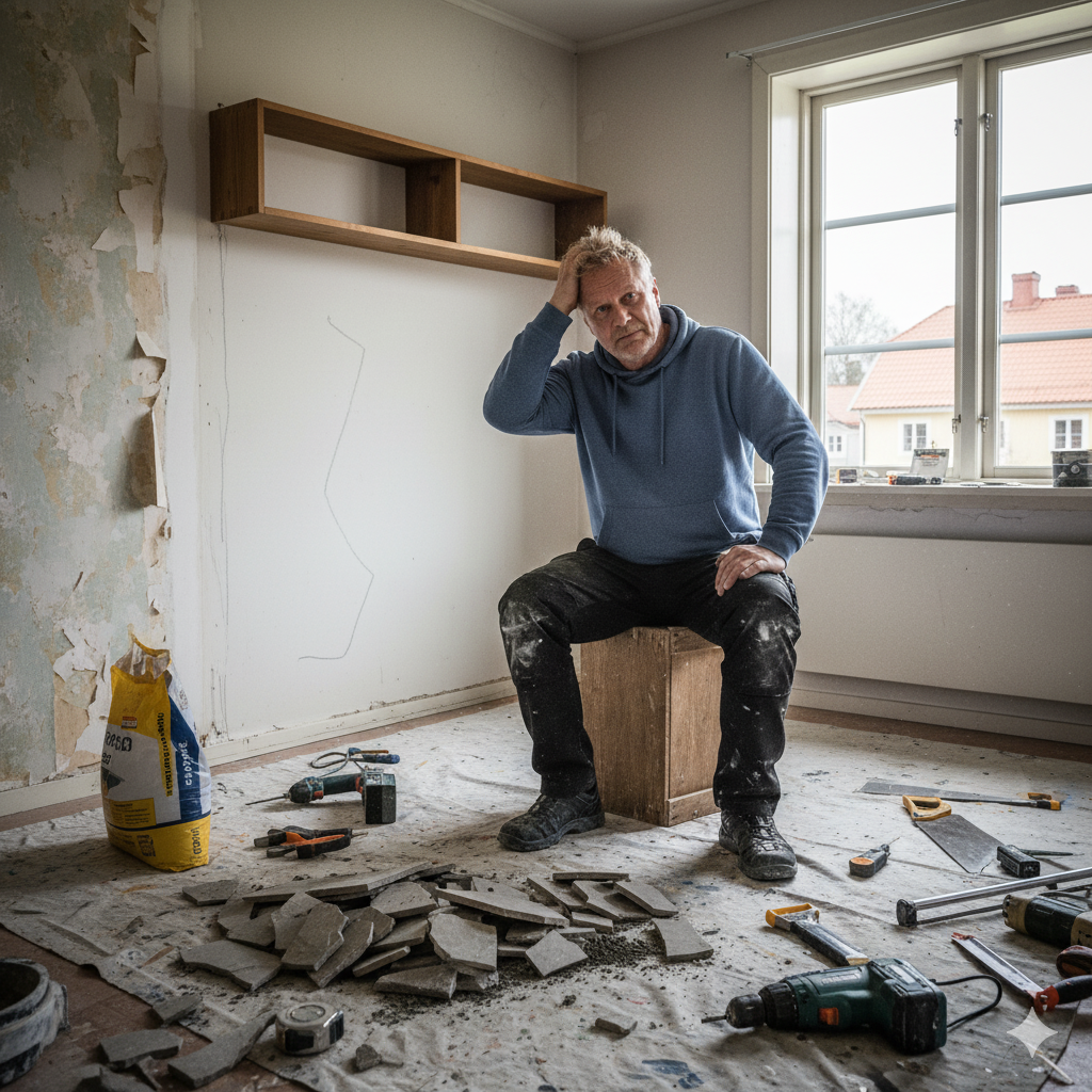 A man, appearing stressed, sits amidst renovation debris in a room with peeling wallpaper and exposed walls. Tools like a drill, saw, and tile pieces are scattered around, depicting the challenges of home renovation and DIY projects
